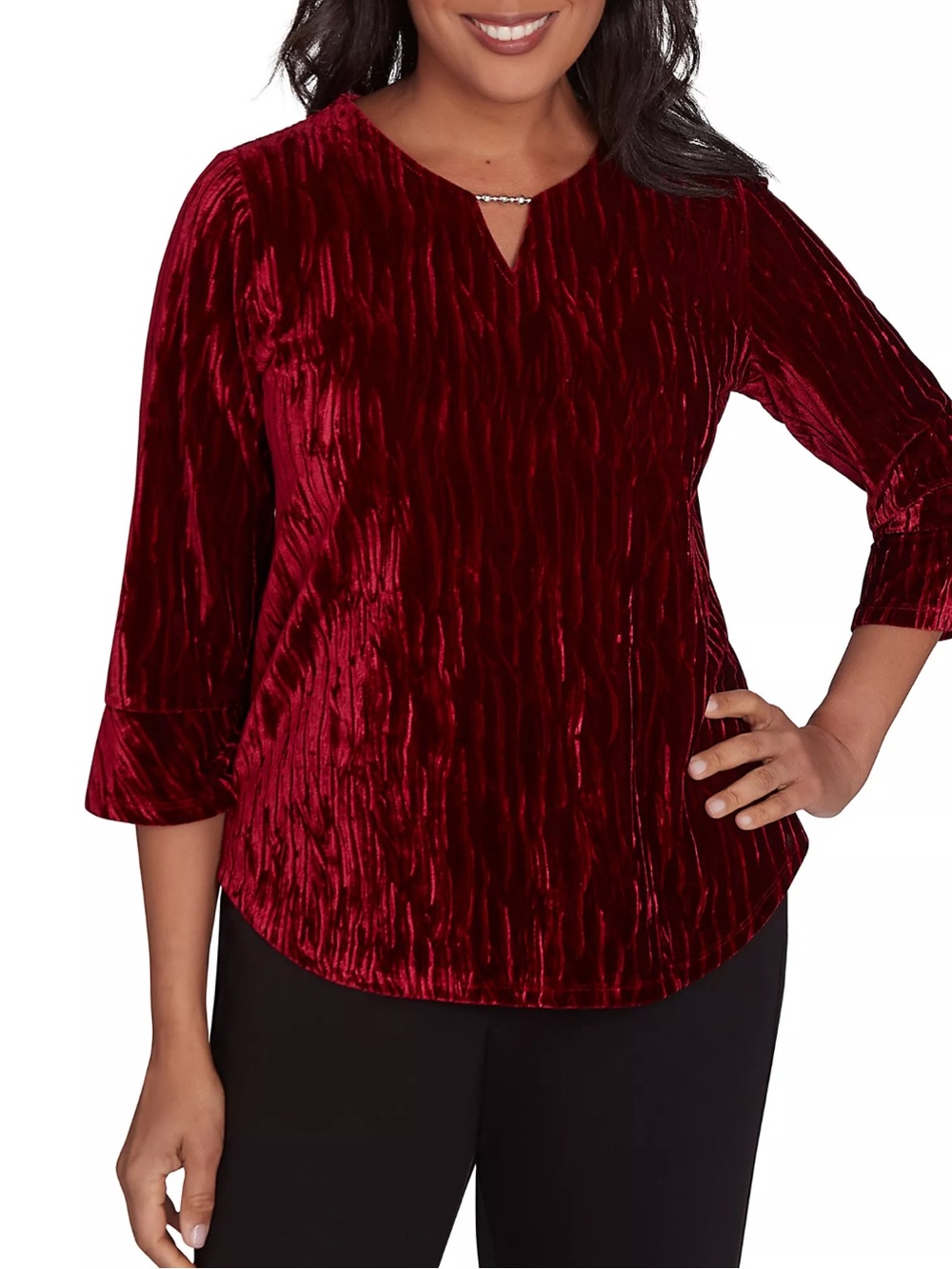 Alfred Dunner Red Crushed Velvet Shirt Womens Large Beaded Top Christmas Blouse